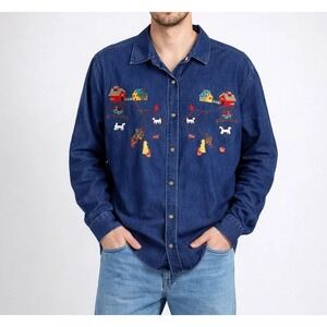 Vintage Cabin Creek Shirt UNISEX  Denim Blue Farm Embroidered Garden SZ XL